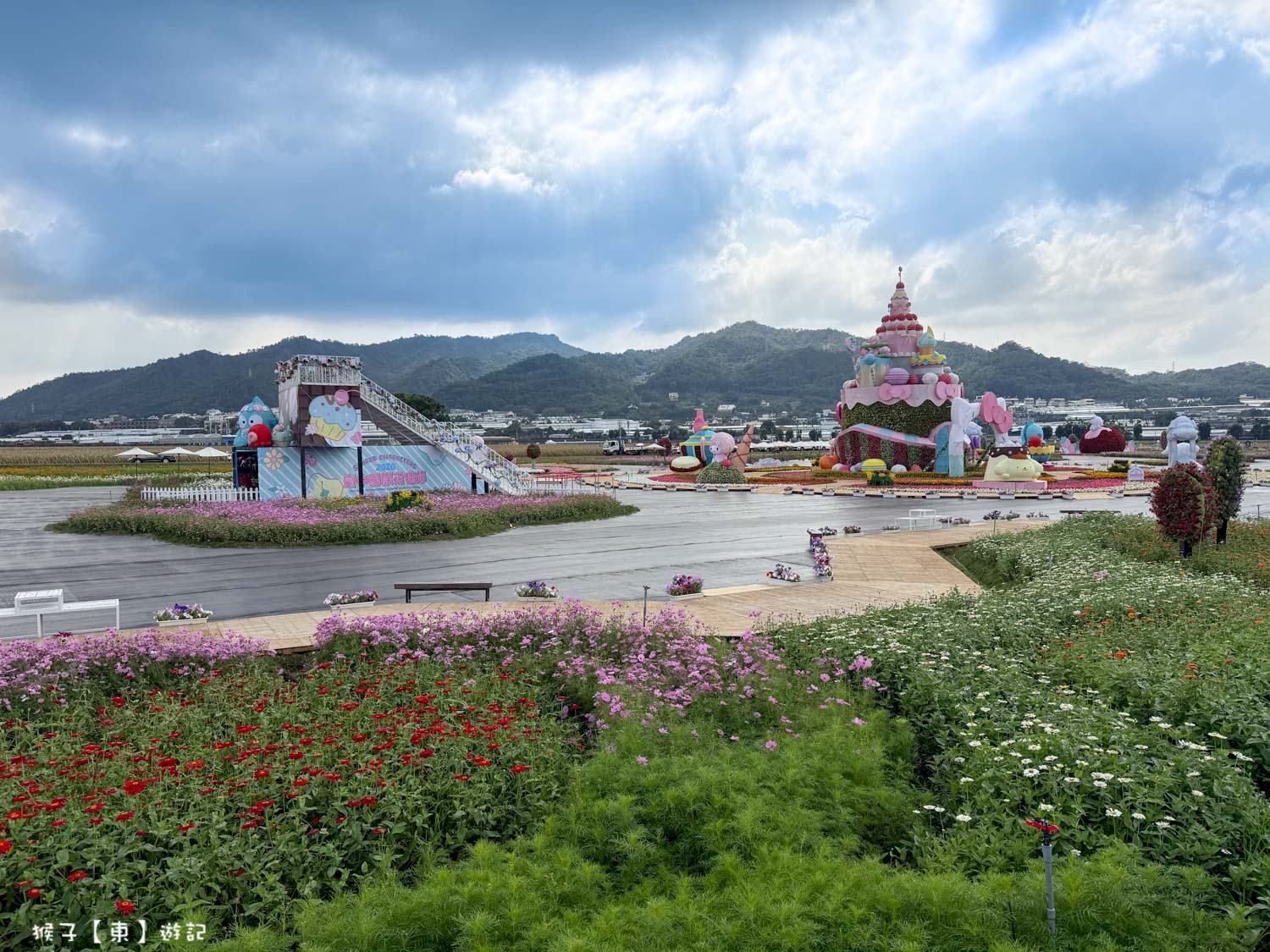 台中新社花海主花毯展區與盛開繽紛花海全景